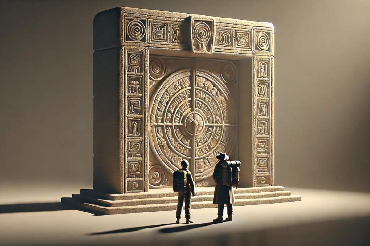 Recreación abstracta de dos exploradores a punto de adentrarse en una civilización desconocida