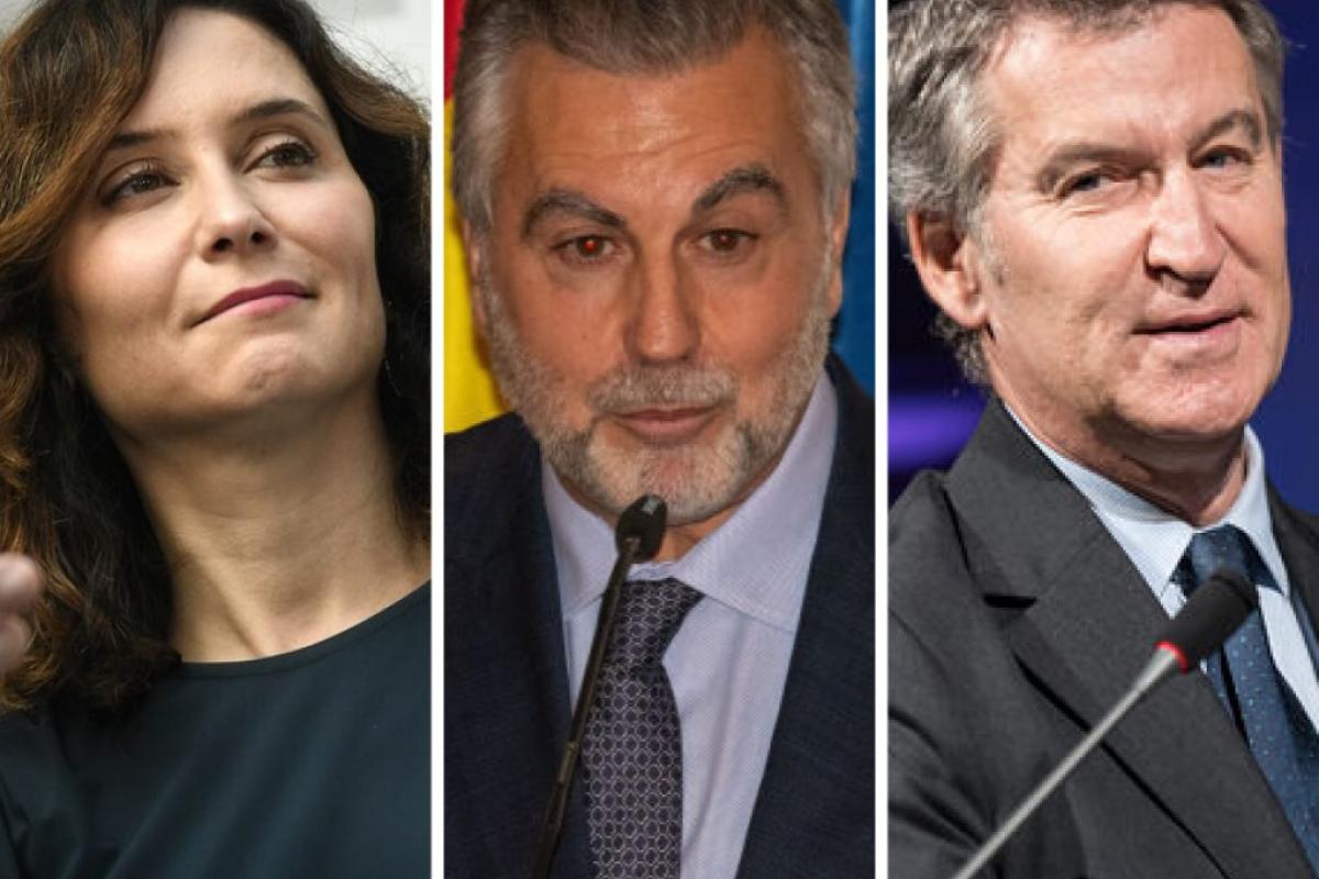 La presidenta de la Comunidad de Madrid, Isabel Díaz Ayuso; el periodista y director de 'Más de uno', Carlos Alsina; y el presidente del PP, Alberto Núñez Feijóo; en sendas imágenes de archivo.