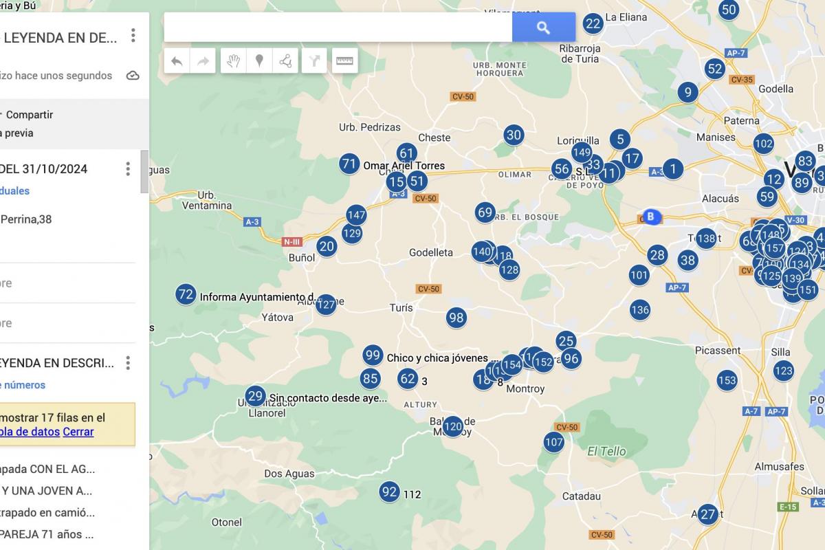 Detalle del mapa creado para encontrar a las personas desaparecidas o incomunicadas por la DANA.