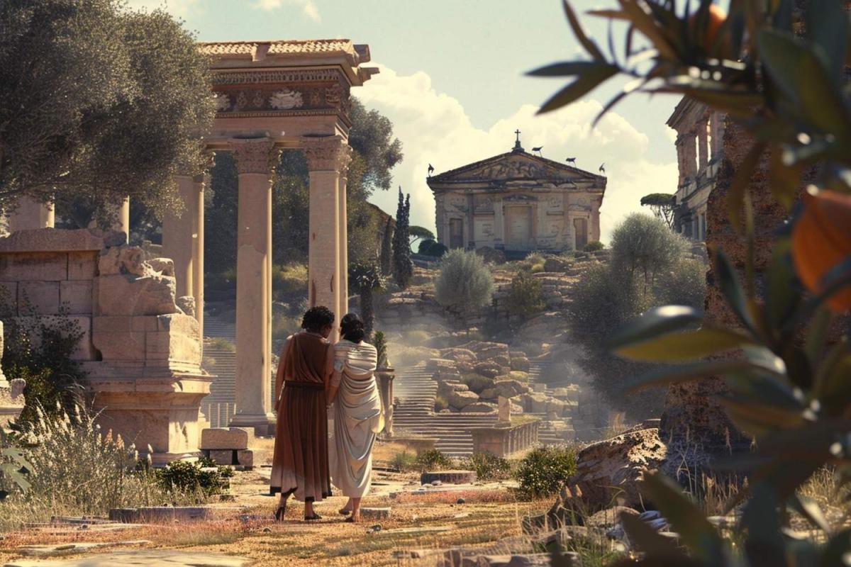 Ilustración digital (IA) de la vida en Pompeya.