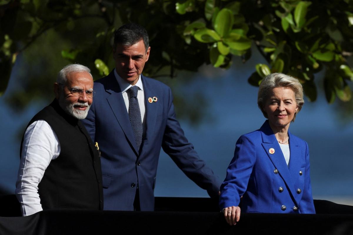 El primer ministro de India, Narendra Modi, el presidente del Gobierno de España, Pedro Sánchez y la Presidenta de la Comisión Europea, Ursula von der Leyen, en la cumbre del G20 en Brasil.