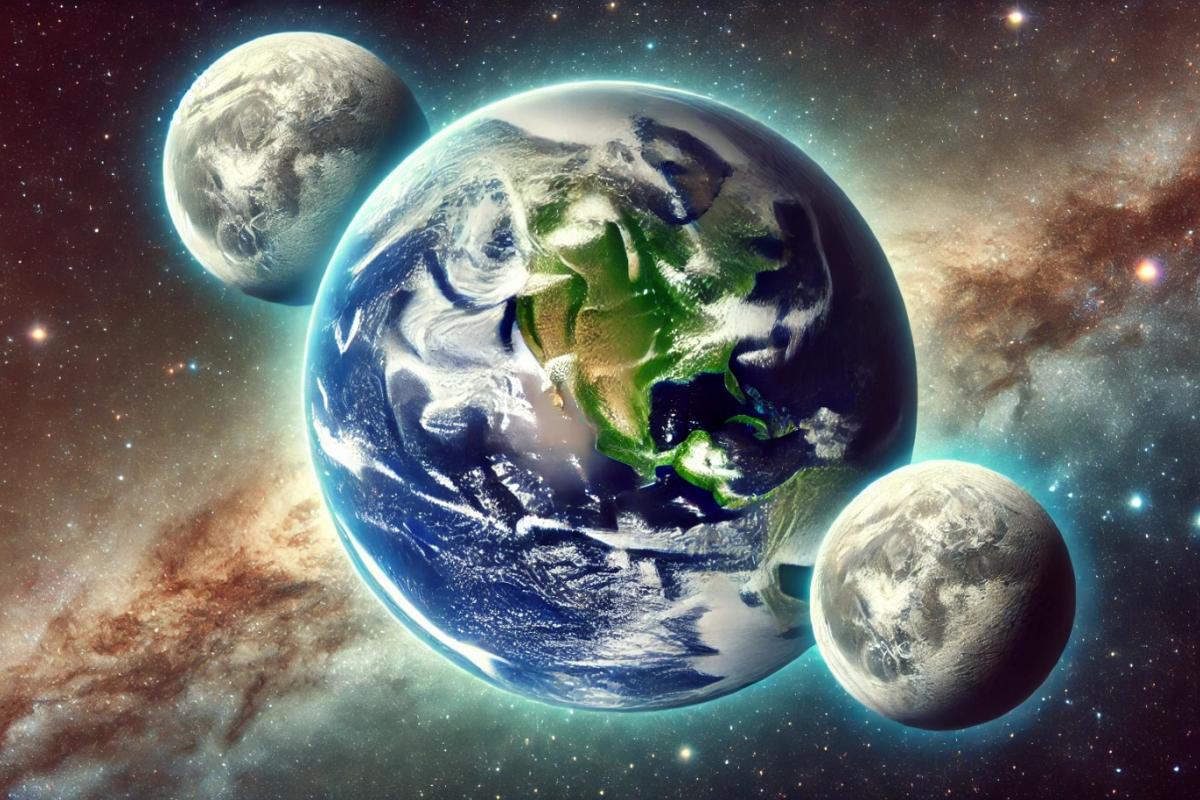 Ilustración ficticia del planeta Tierra (IA), como si tuviese dos lunas.