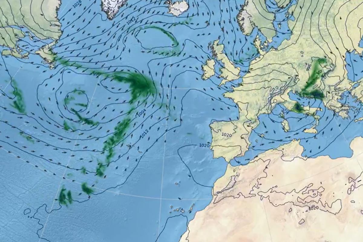 Mapa de aviso de la llegada de chubascos y rachas de viento.