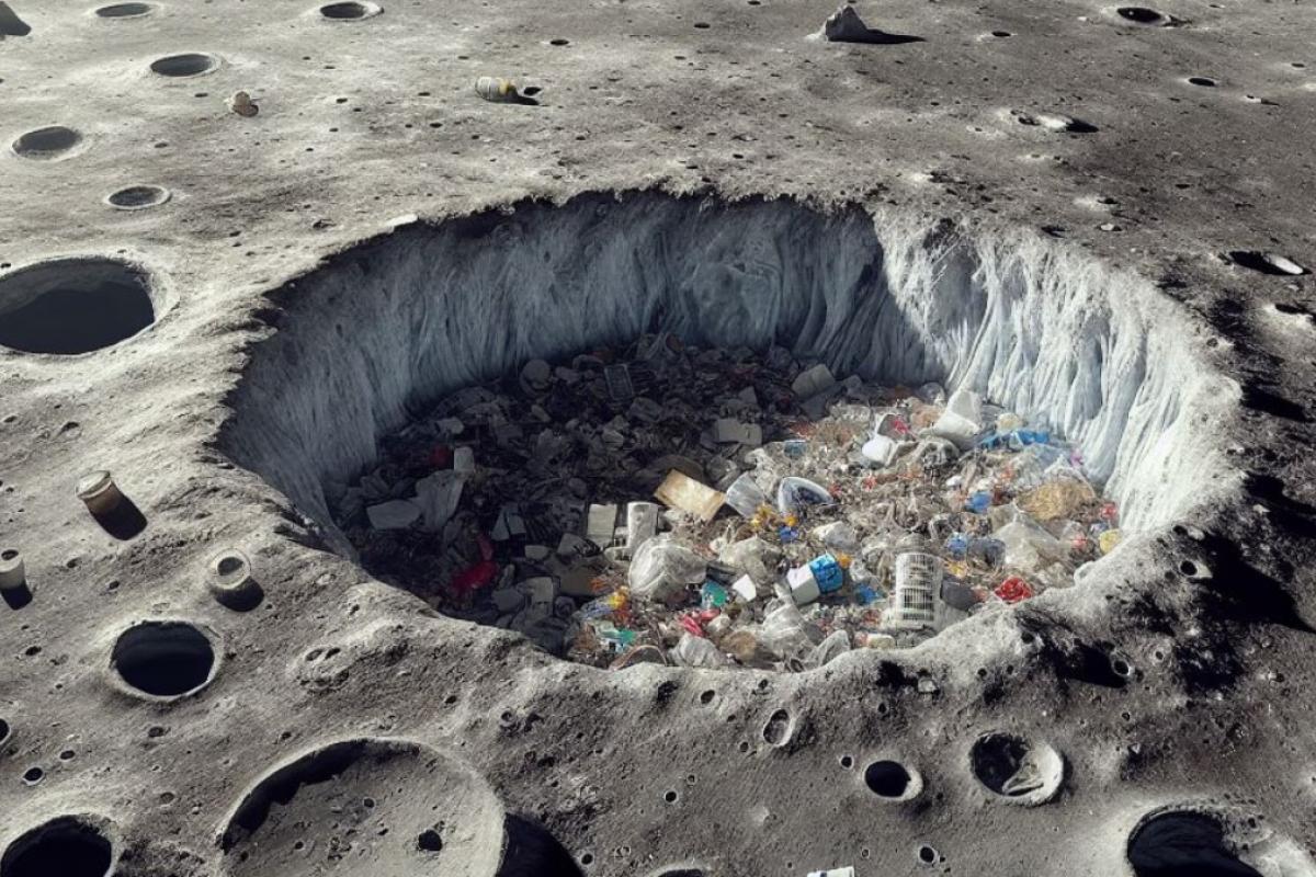 Ilustración de la Luna rodeada de basura.