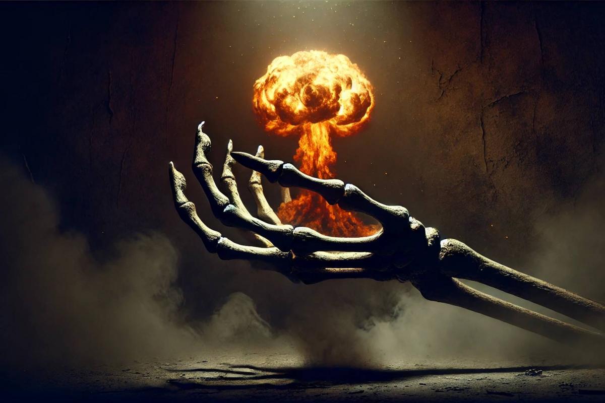 Una mano esquelética sosteniendo el control de un arsenal nuclear