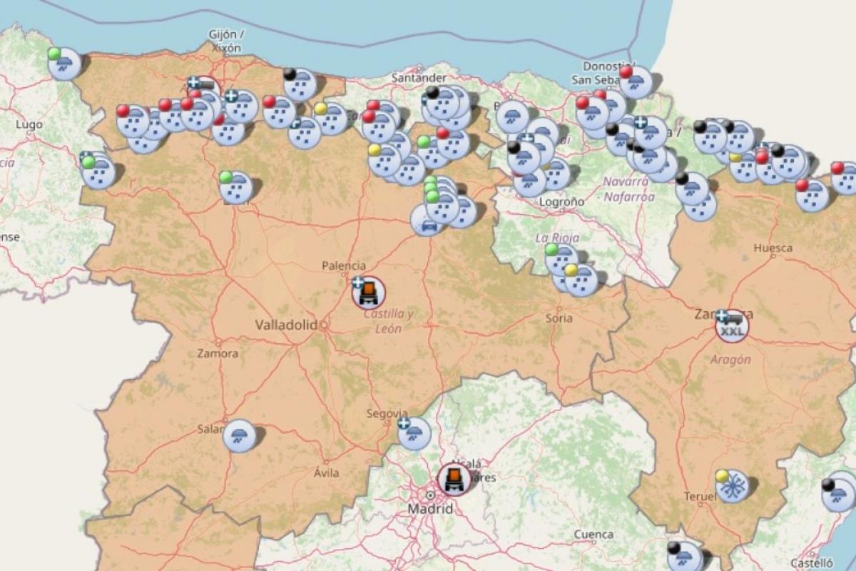 Mapa de cortes de tráfico por el temporal de la DGT