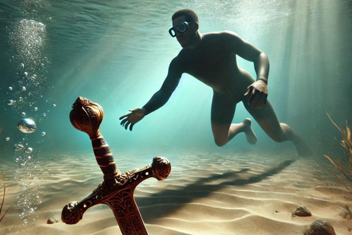 Recreación de un hombre viendo una espada.