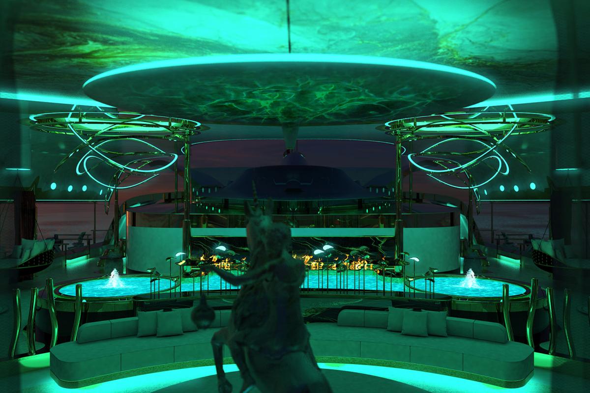 El impresionante interior del submarino con espacios de relajación con un diseño moderno, luces ambientales y piscinas exclusivas.