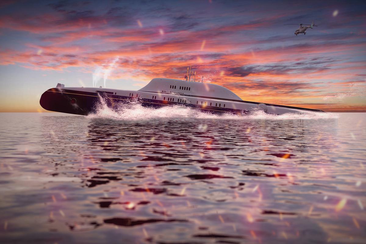El submarino de lujo rompe las aguas al atardecer, preparado para funcionar como refugio seguro en caso de ataques extremos o emergencias globales.