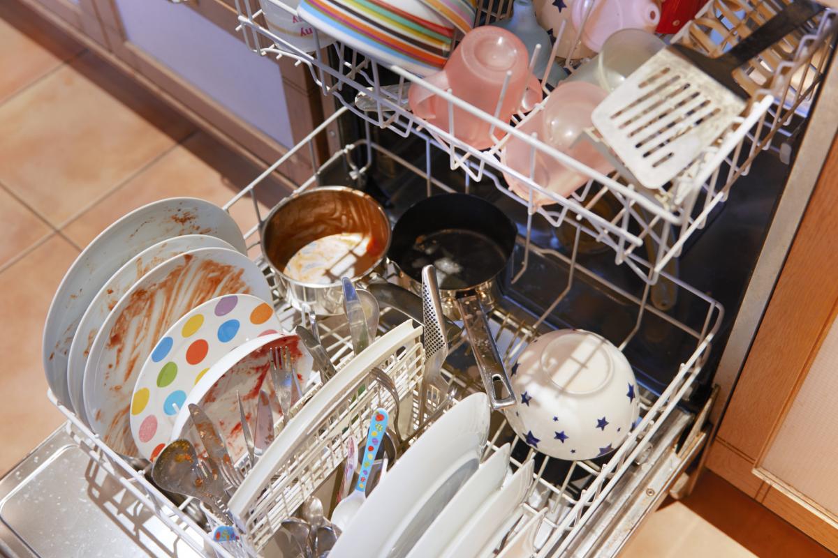 Lavavajillas sucio, listo para comenzar el ciclo.