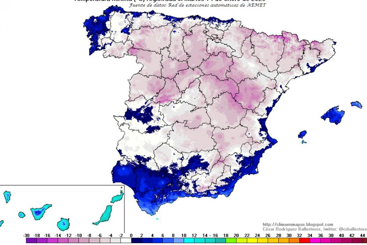 Mapa de temperaturas de este martes 14 de enero.