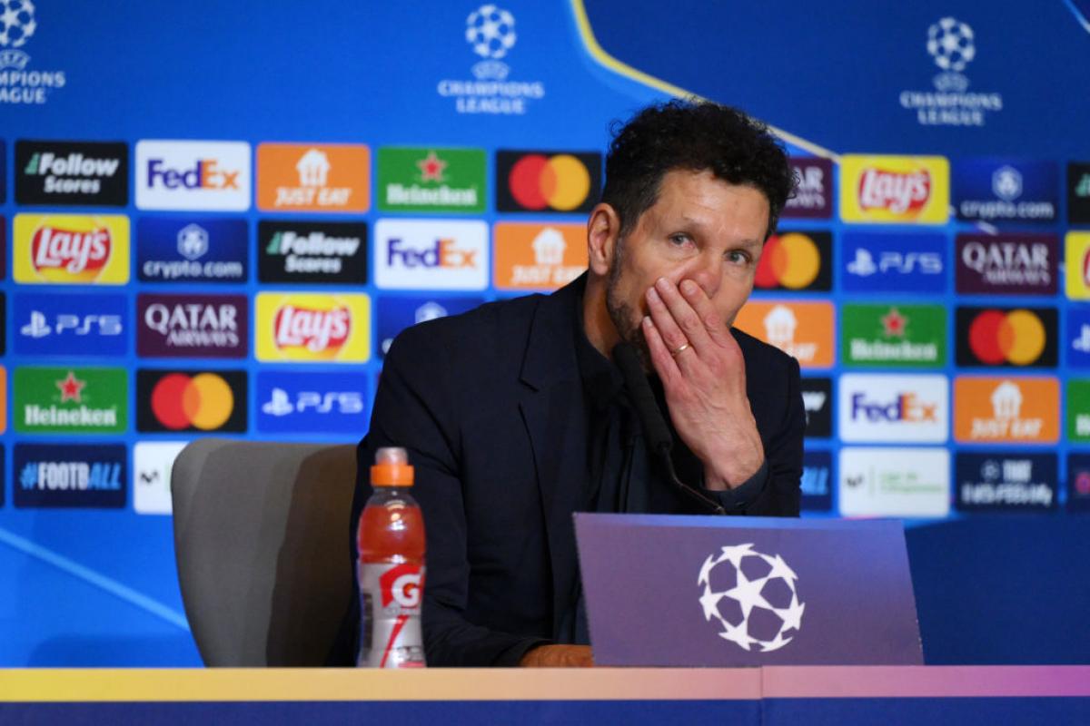 El técnico del Atlético de Madrid, Diego Pablo Simeone, en la rueda de prensa posterior la partido de Champions League con el Real Madrid.