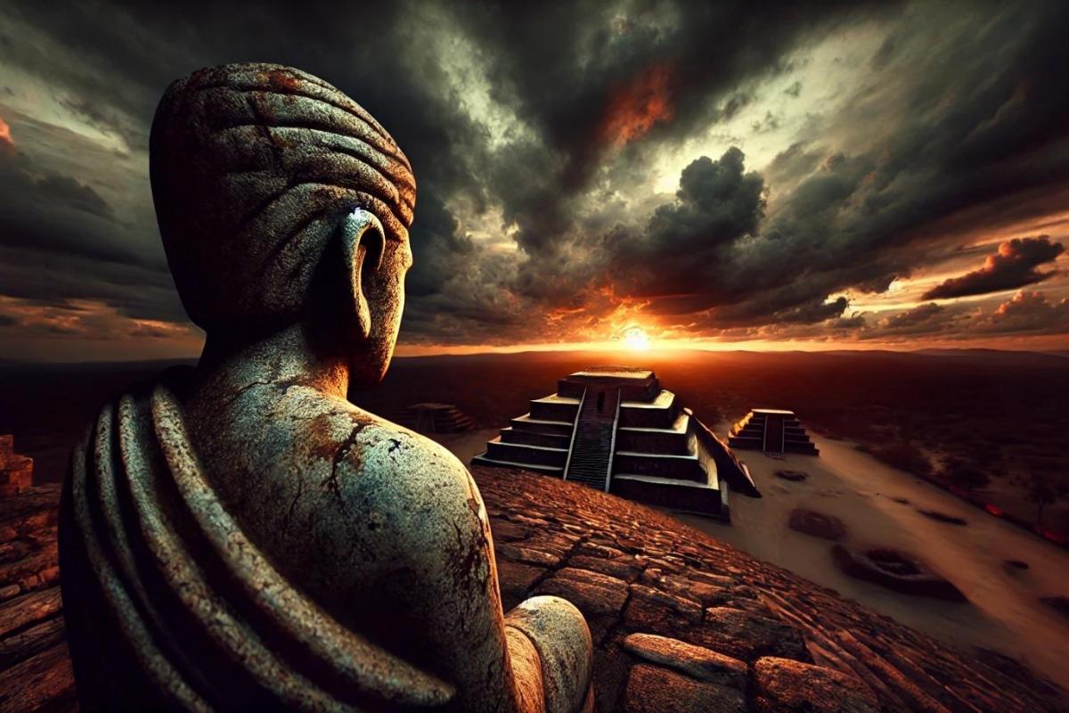 Recreación de una figura en la cima de una pirámide