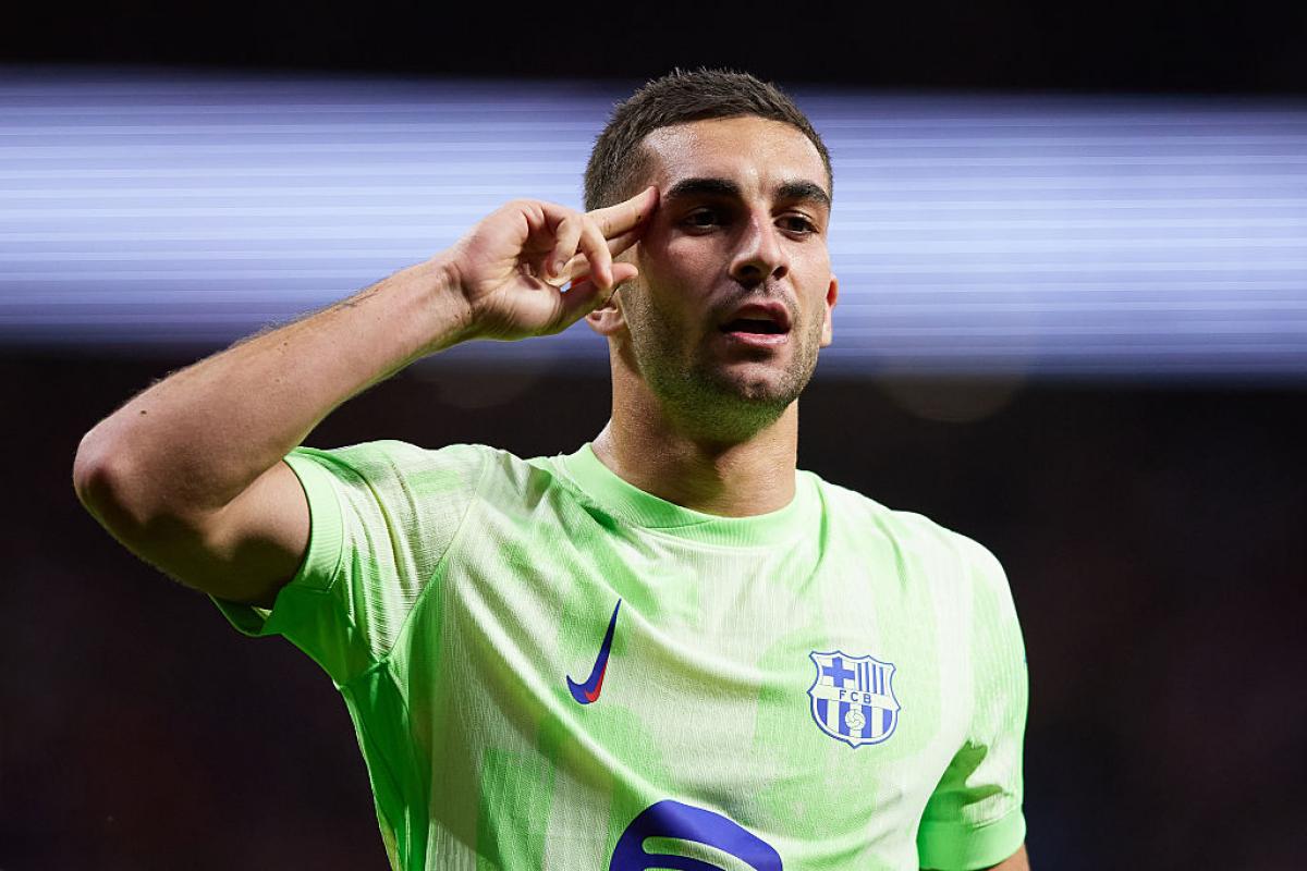 Ferran Torres celebra el único tanto de la vuelta de la semifinal disputada entre Barça y Atlético de Madrid en el Metropolitano.