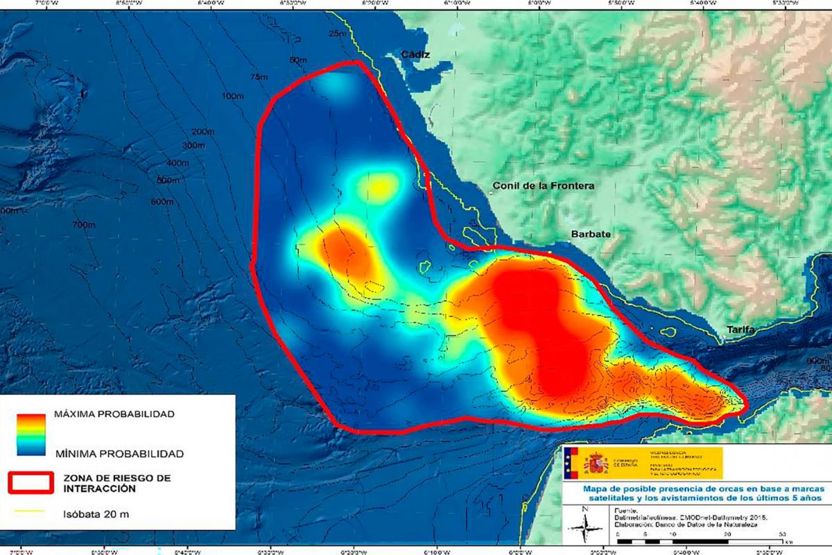 Mapa de las zonas con mayor riesgo de interacciones con las orcas en la costa entre Cádiz y Tarifa.