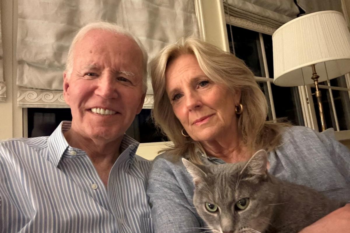 Imagen de Joe Biden, su mujer Jill y la gata Willow en la imagen difundida en redes sociales.