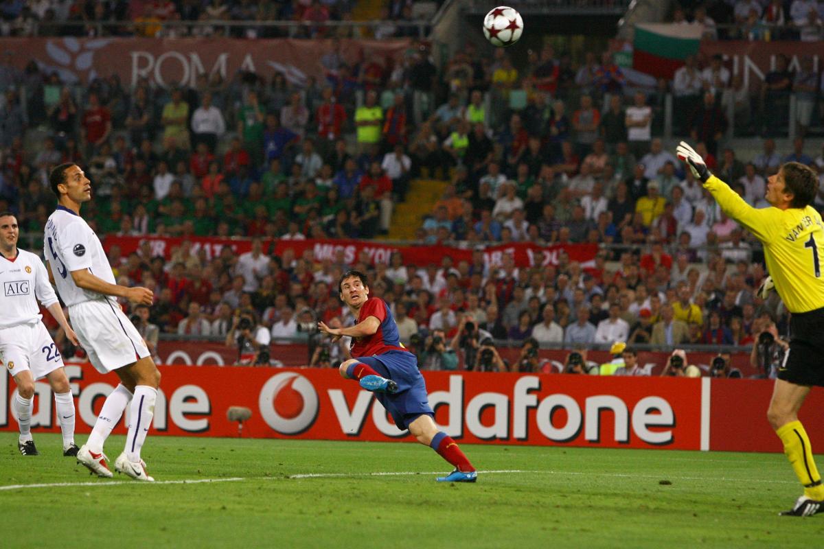 Imagen del mítico gol de cabeza de Leo Messi al Manchester United en la final de la Champions 2008-2009
