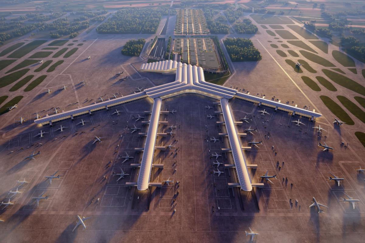 Vista aérea del futuro Solidarity Transport Hub de Polonia.