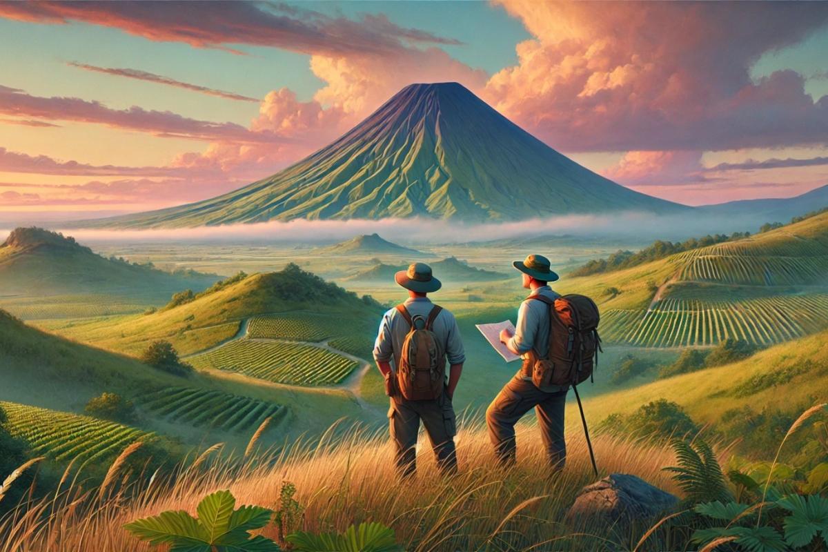 Recreación de unos arqueólogos observando un volcán