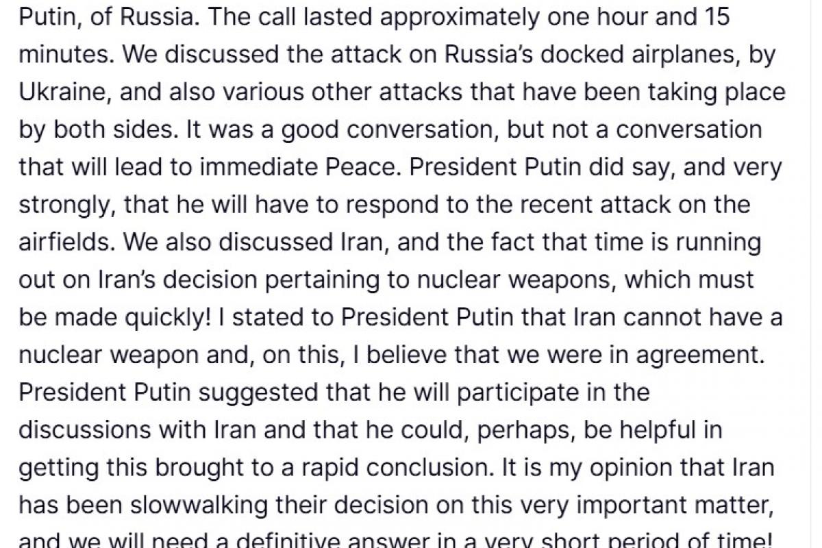 Segundo post de Donald Trump en Truth Social por su llamada a Vladimir Putin