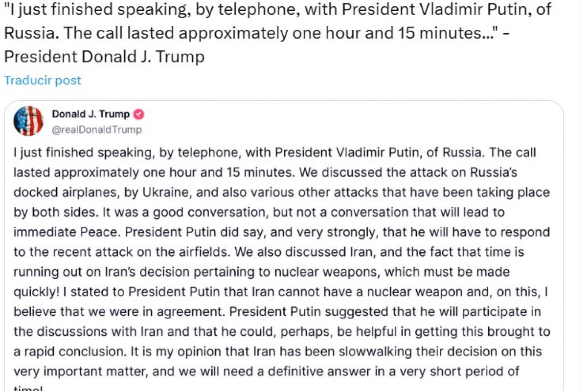 Tuit de la Casa Blanca con el post original de Trump en Truth Social