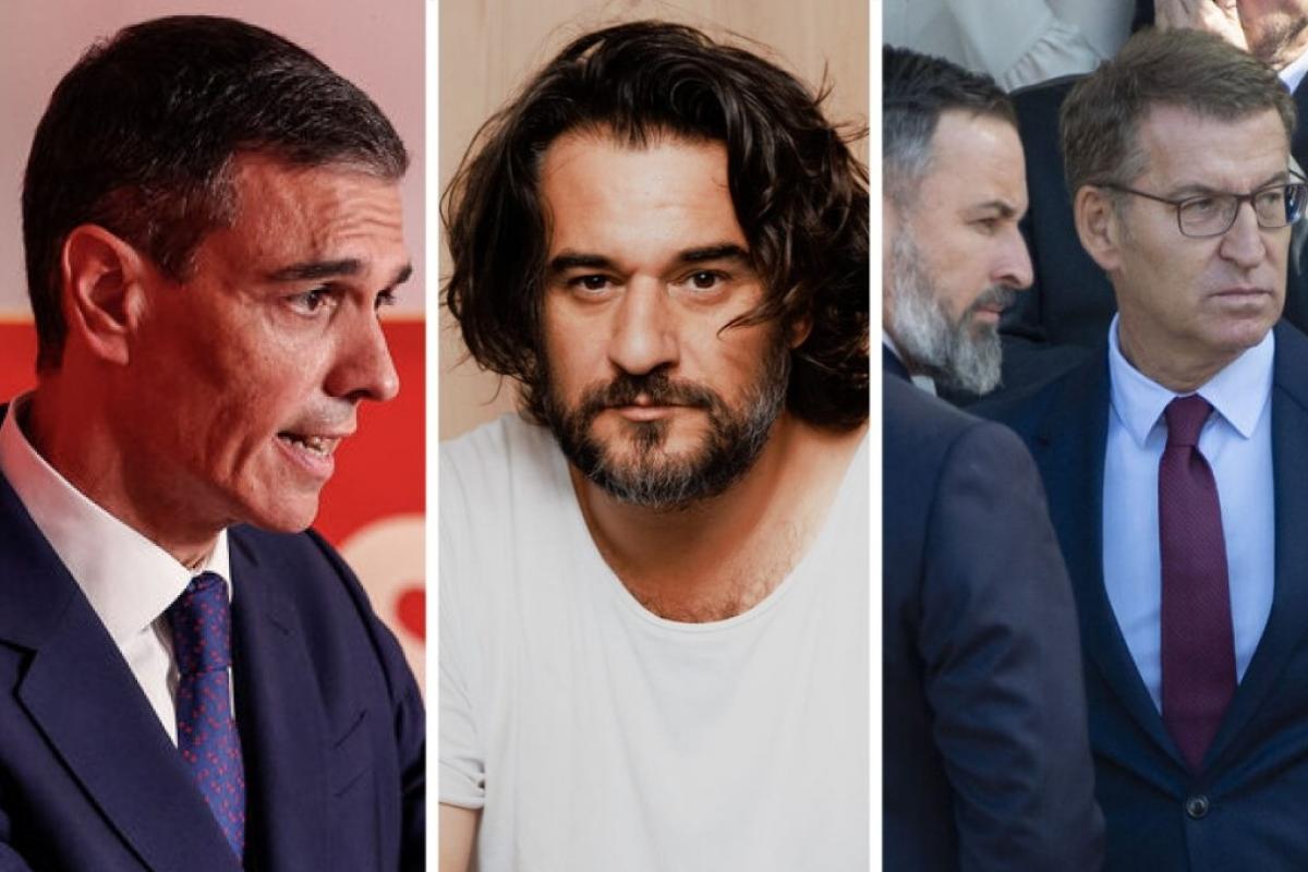 El presidente del Gobierno, Pedro Sánchez; el periodista Manuel Jabois, y los líderes del PP y Vox, Alberto Núñez Feijóo y Santiago Abascal, respectivamente; en sendas imágenes de archivo.