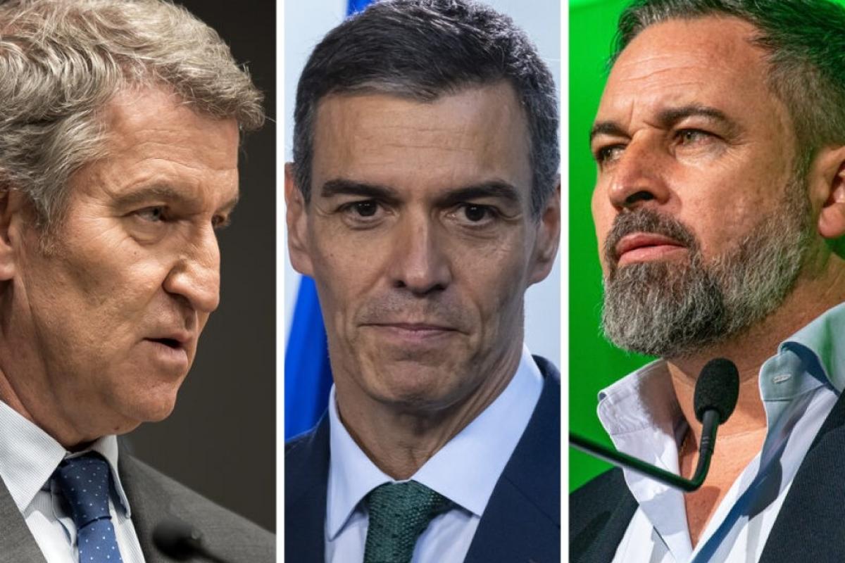 El líder del PP, Alberto Núñez Feijóo; el presidente del Gobierno, Pedro Sánchez; y el dirigente de Vox, Santiago Abascal; en sendas imágenes de archivo.