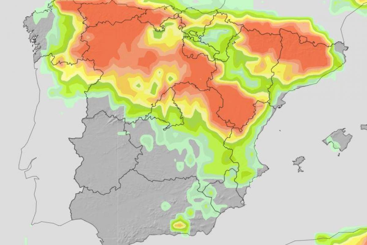 Mapa de probabilidad de precipitación ≥ 0.5 mm en la Península y Baleares de cara al 3 de julio de 2025