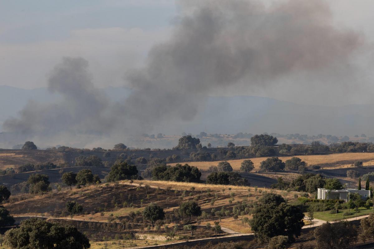 Medios aéreos y terrestres combaten el fuego en Méntrida (Toledo) este jueves.