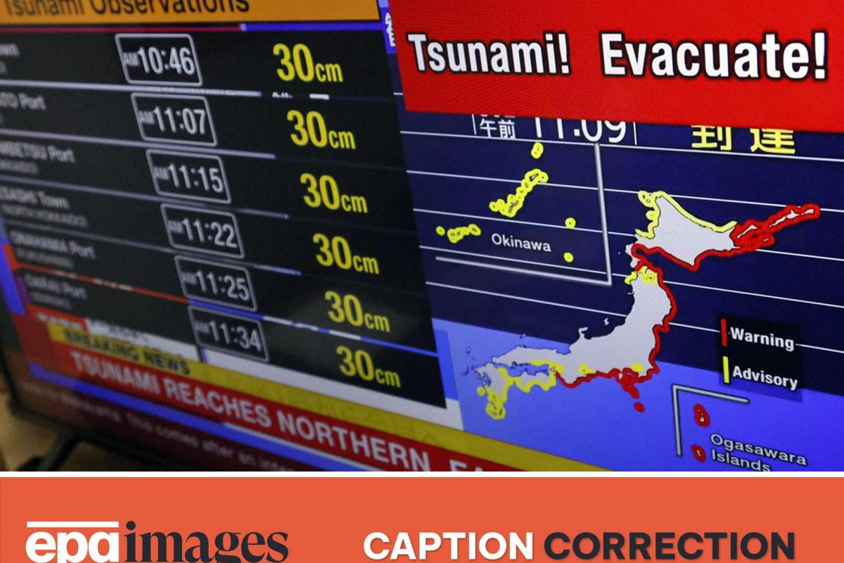 Un aviso en la televisión japonesa tras el terremoto de 8,8 en la península de Kamchatka.