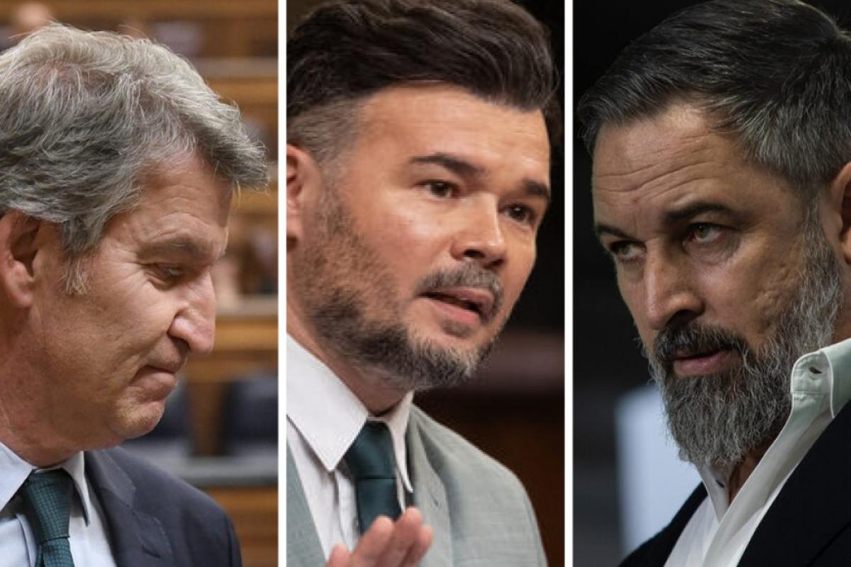 El líder del PP, Alberto Núñez Feijóo; el portavoz parlamentario de ERC en el Congreso, Gabriel Rufián; y el presidente de Vox, Santiago Abascal; en sendas imágenes de archivo, respectivamente.