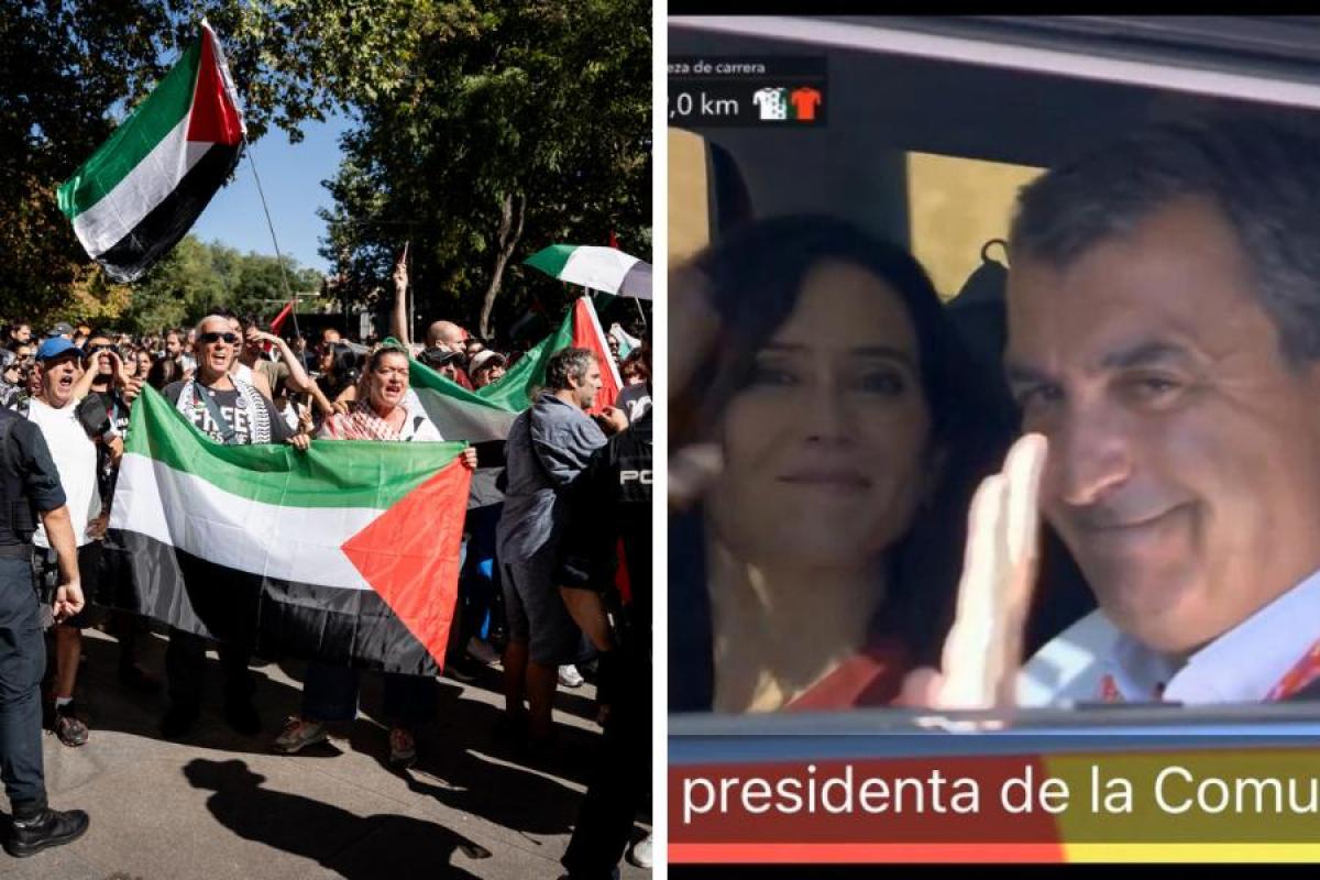 Manifestantes en La Vuelta y la presidenta de la Comunidad de Madrid, Isabel Díaz Ayuso.