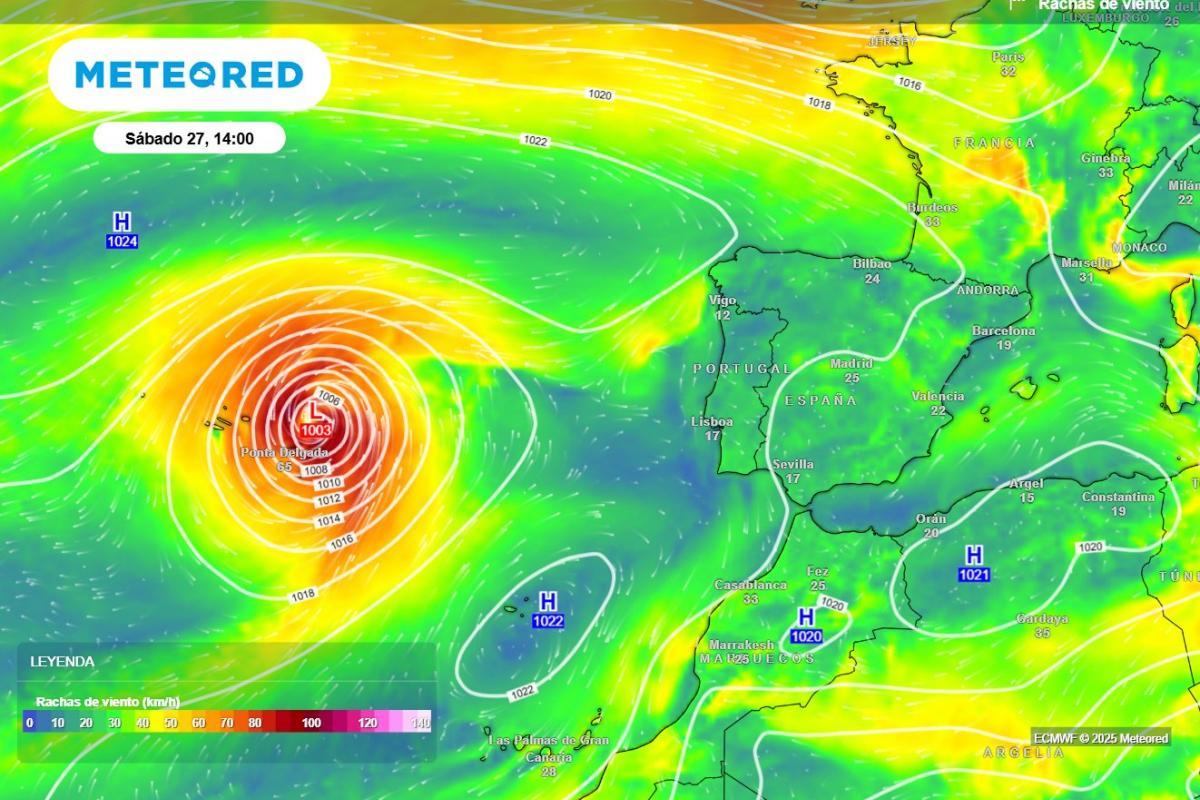 Previsión de rachas de viento causadas por el exhuracán Gabrielle de cara al 27 de septiembre de 2025