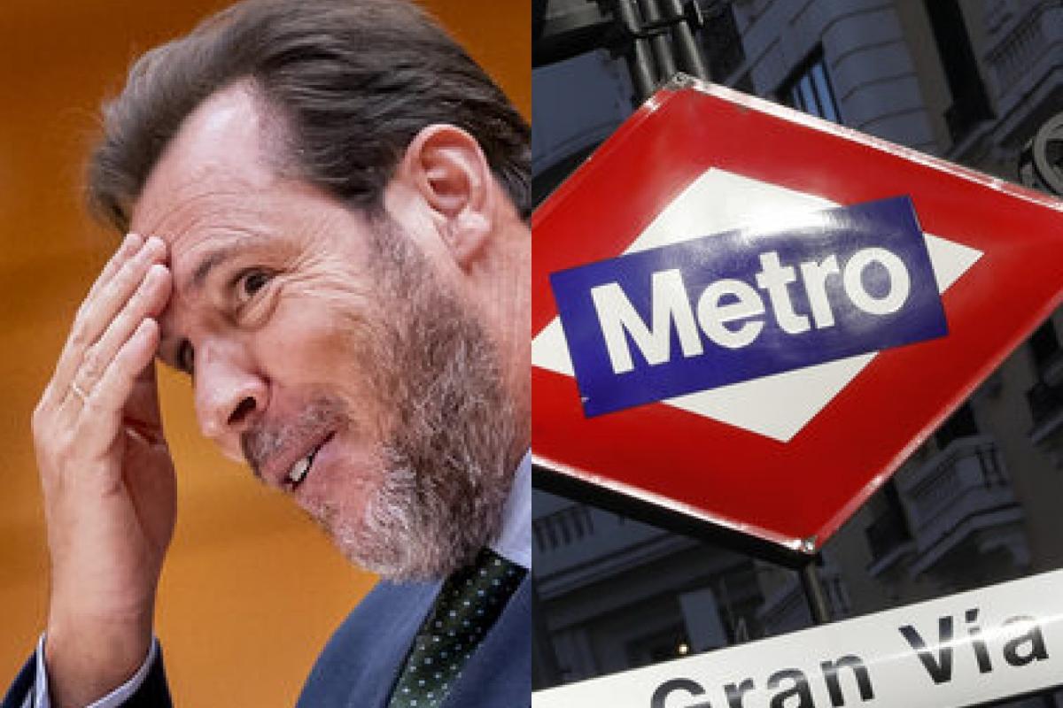 El ministro de Transportes, Óscar Puente; y el logo de Metro Madrid en una de las bocas de acceso de Gran Vía; en sendas imágenes de archivo.