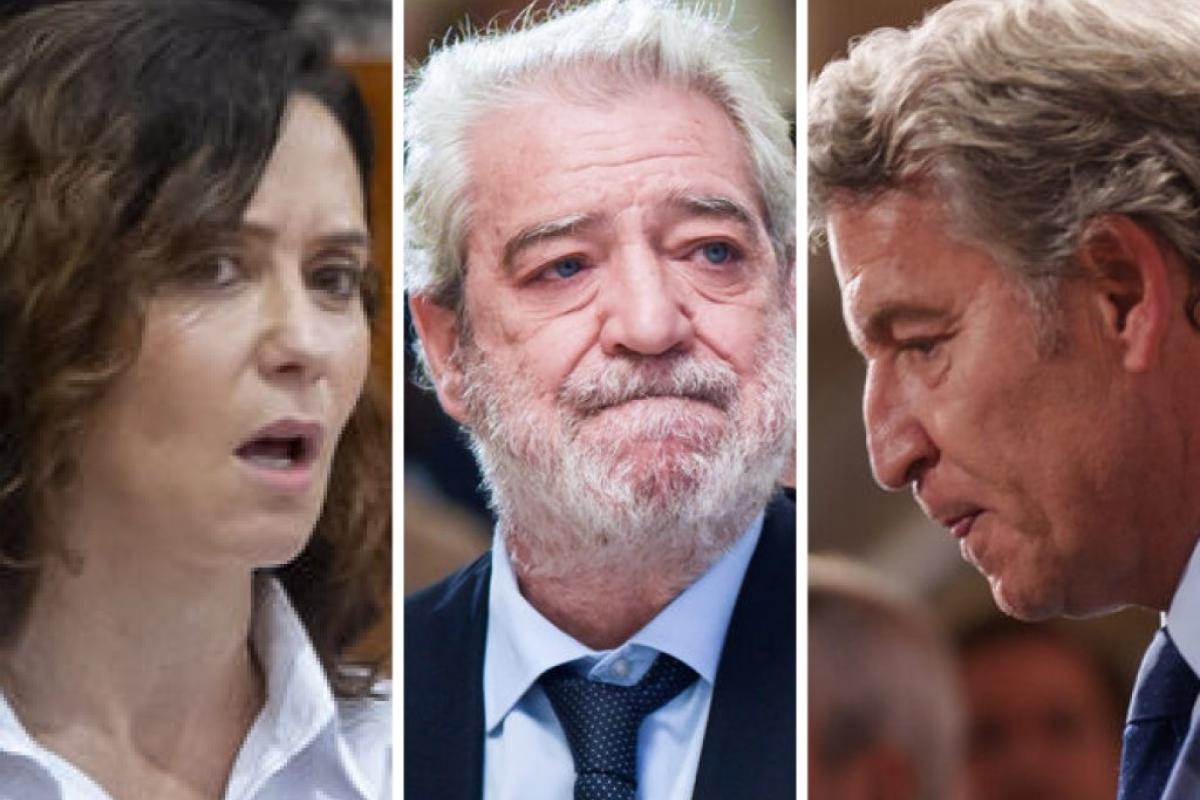 La presidenta de la Comunidad de Madrid, Isabel Díaz Ayuso; su jefe de gabinete y exsecretario de Estado de Comunicación Miguel Ángel Rodríguez; y el líder del PP nacional, Alberto Núñez Feijóo; en sendas imágenes de archivo, respectivamente.