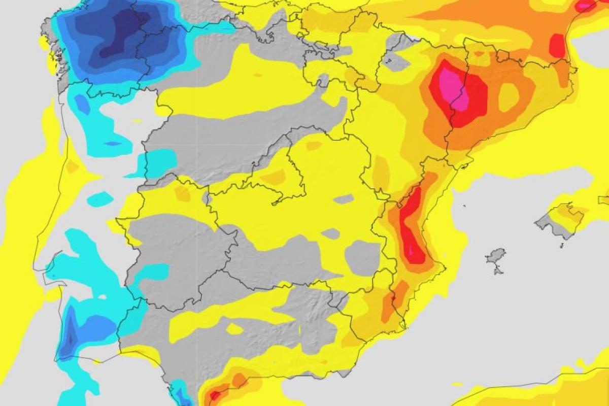 Mapa de variación media de la temperatura máxima de cara al sábado 4 de octubre de 2025