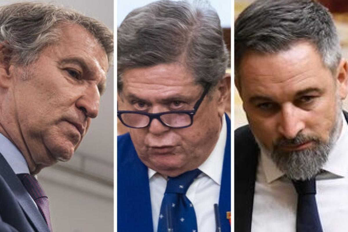 El presidente nacional del PP, Alberto Núñez Feijóo; el exministro de Defensa Federico Trillo; y el presidente de Vox, Santiago Abascal; en sendas imágenes de archivo, respectivamente.