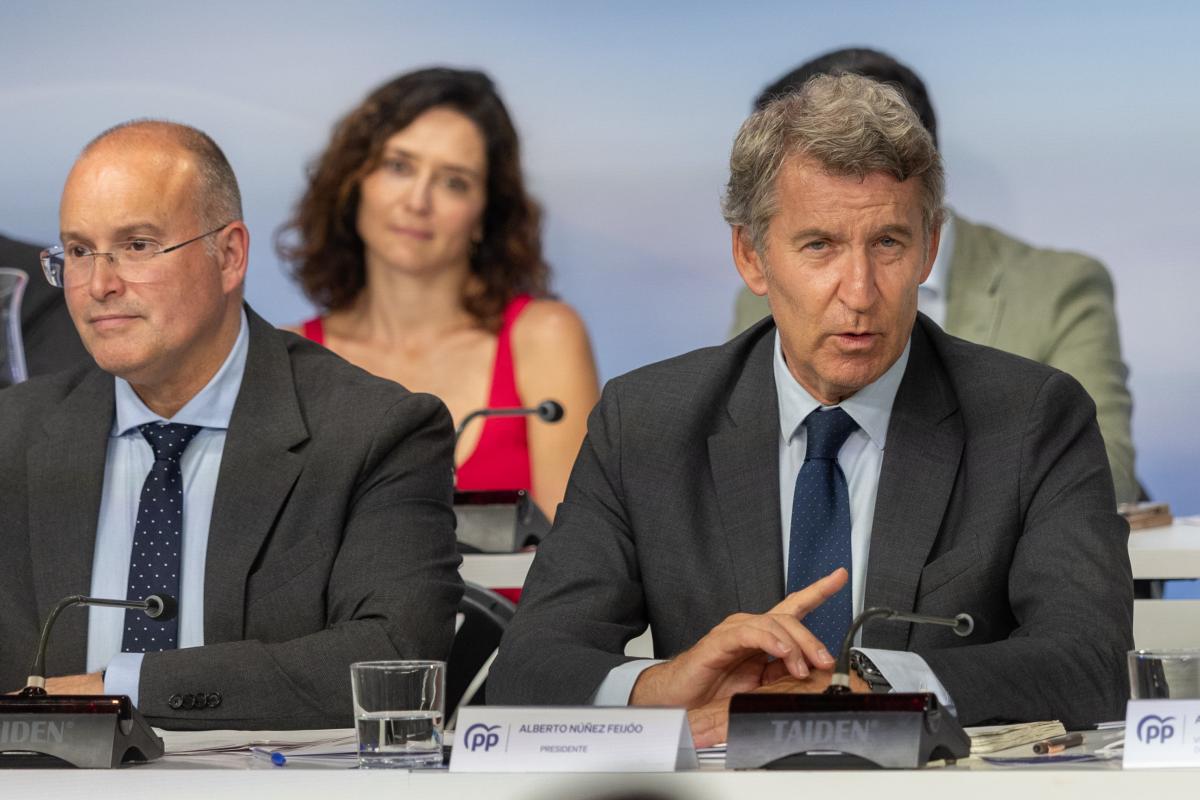 El presidente del PP, Alberto Núñez Feijóo, en una imagen de archivo durante una reunión en Génova 13.