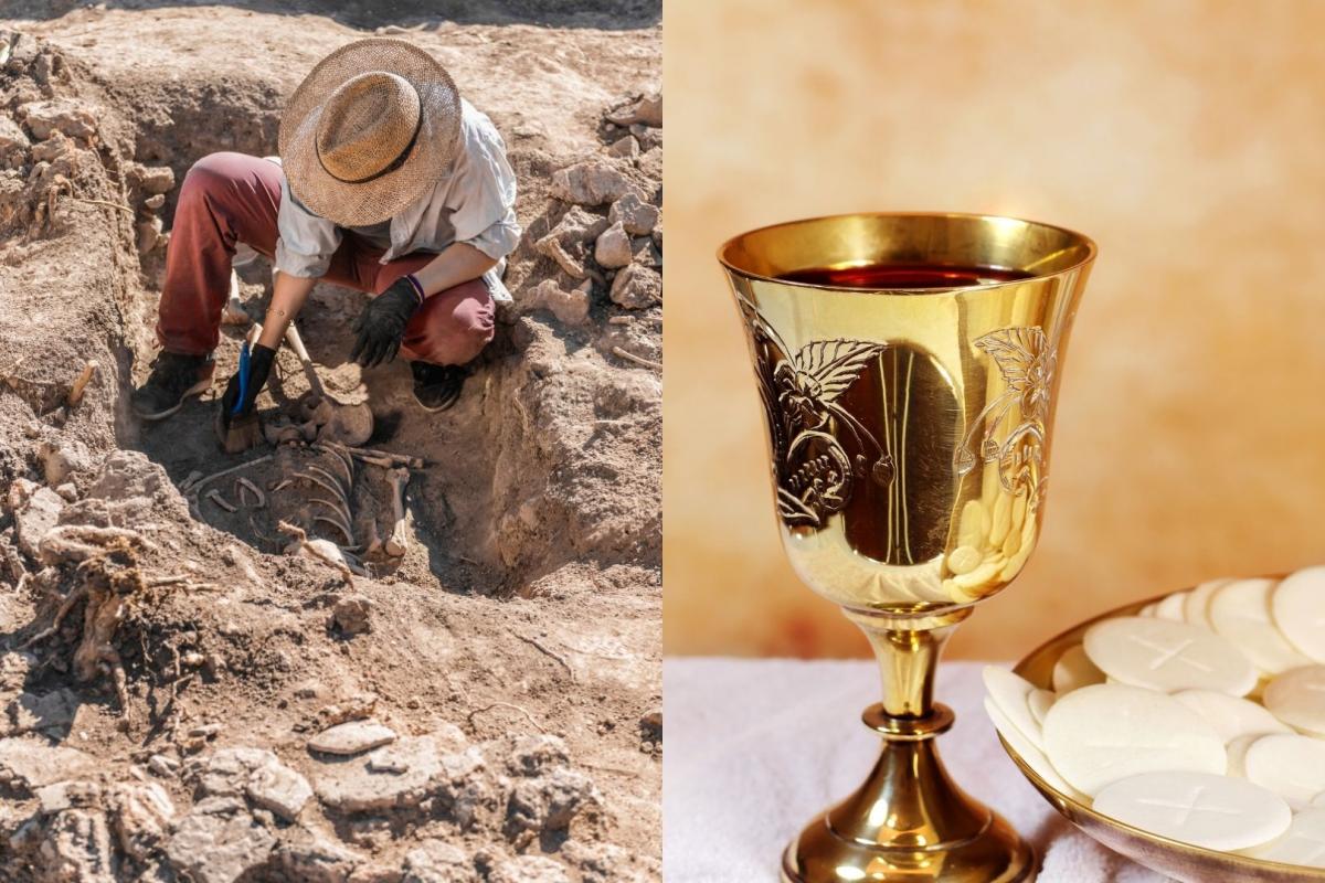 Montaje de un arqueólogo en una excavación y artículos comunión.