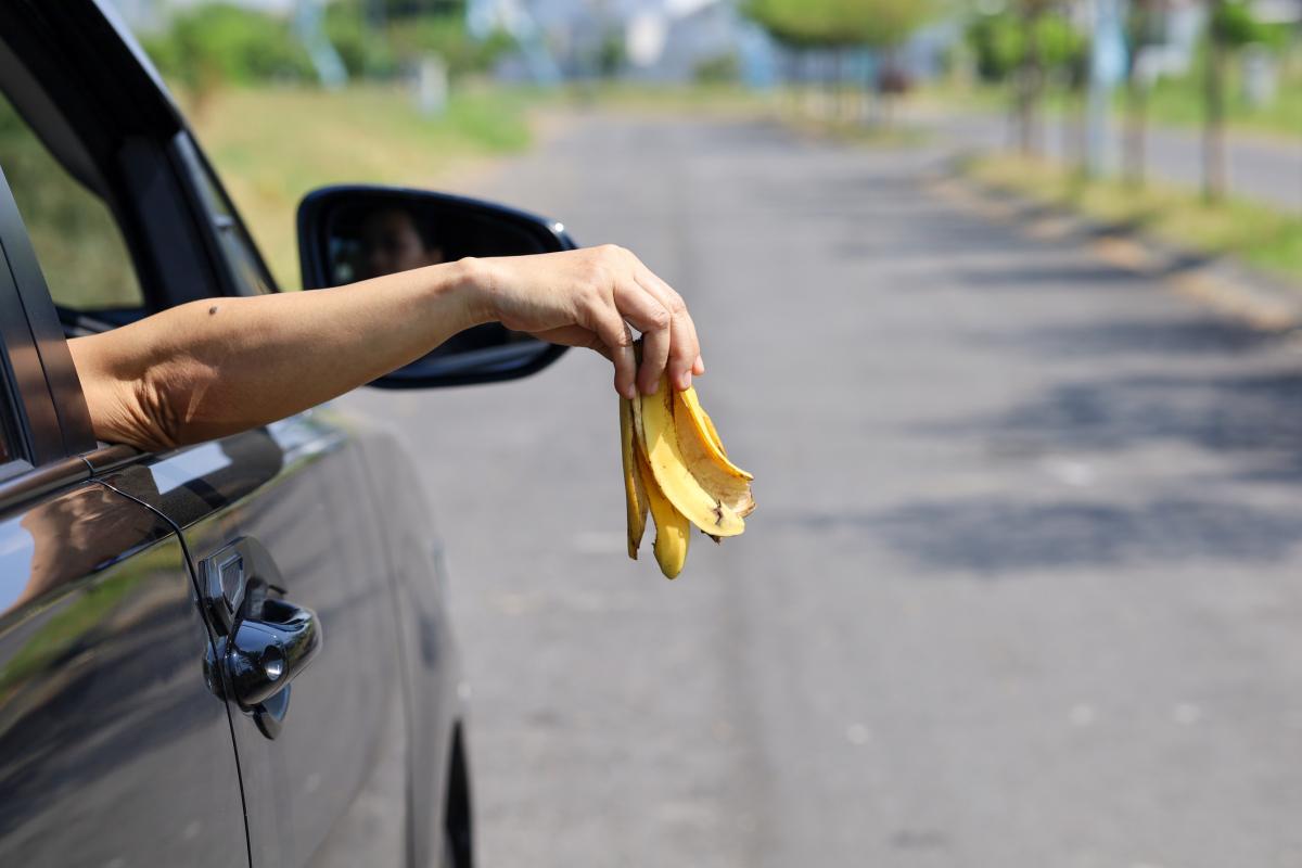 Una persona tira desde la ventanilla de un coche una cáscara de plátano a la carretera.