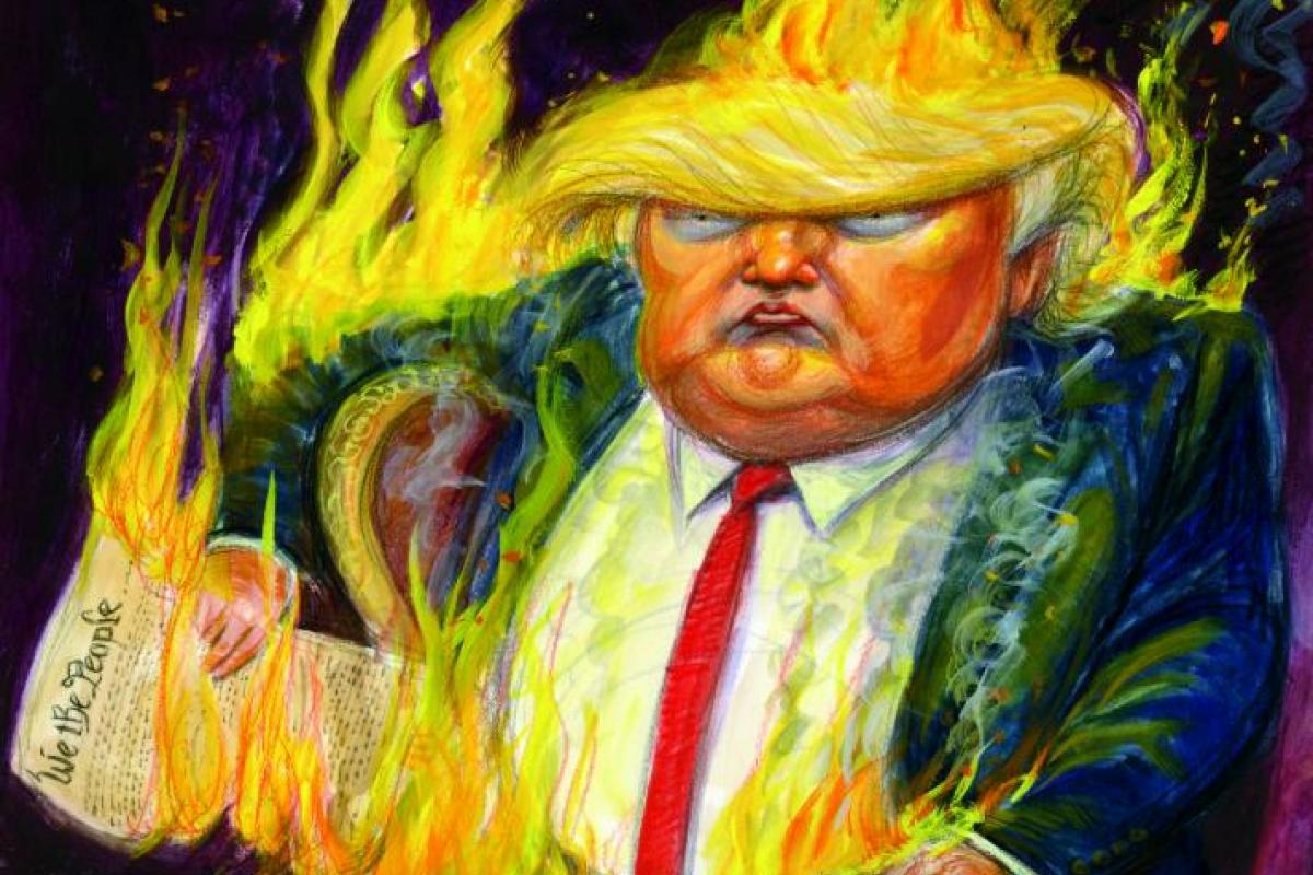 Donald Trump, prendiendo fuego al Preámbulo de la Constitución de los Estados Unidos, en una ilustración.