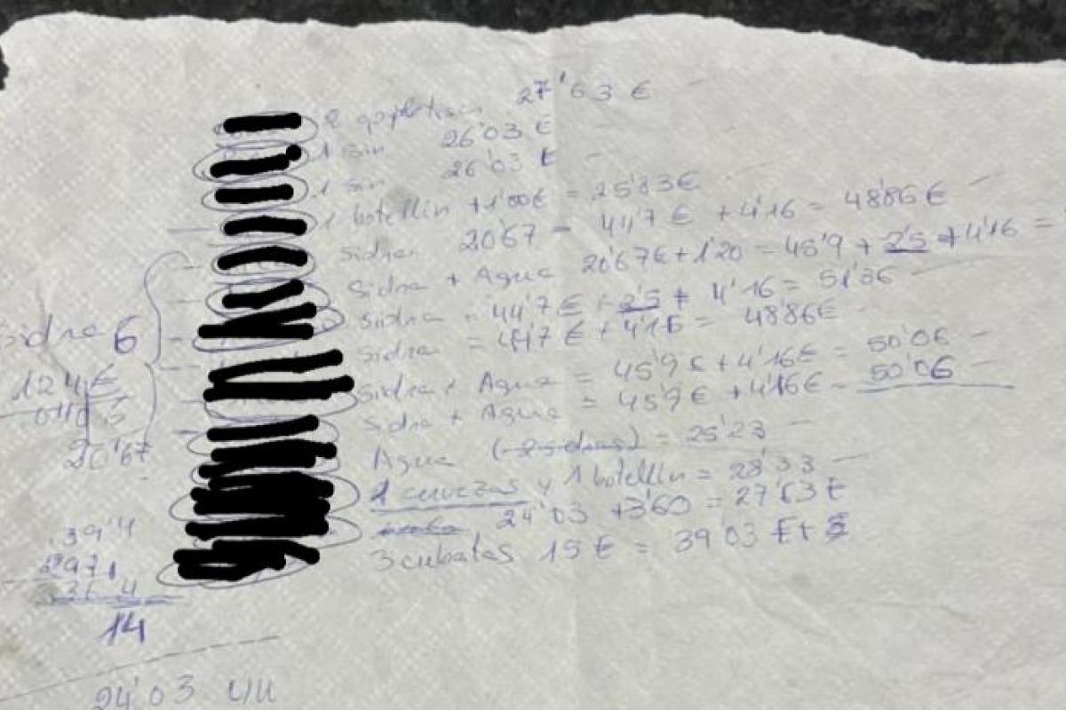 Unos profesores quieren pagar por separado y entregan una hoja llena de sumas y restas para ver cuánto tiene que pagar cada uno.