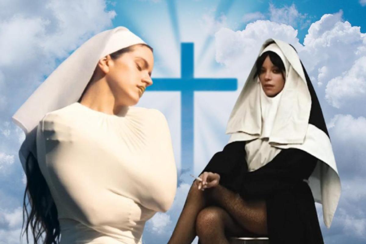 Rosalía en la portada de 'Lux' y Lily Allen en el vídeo de 'Pussy Palace' sobre cielo con cruz católica