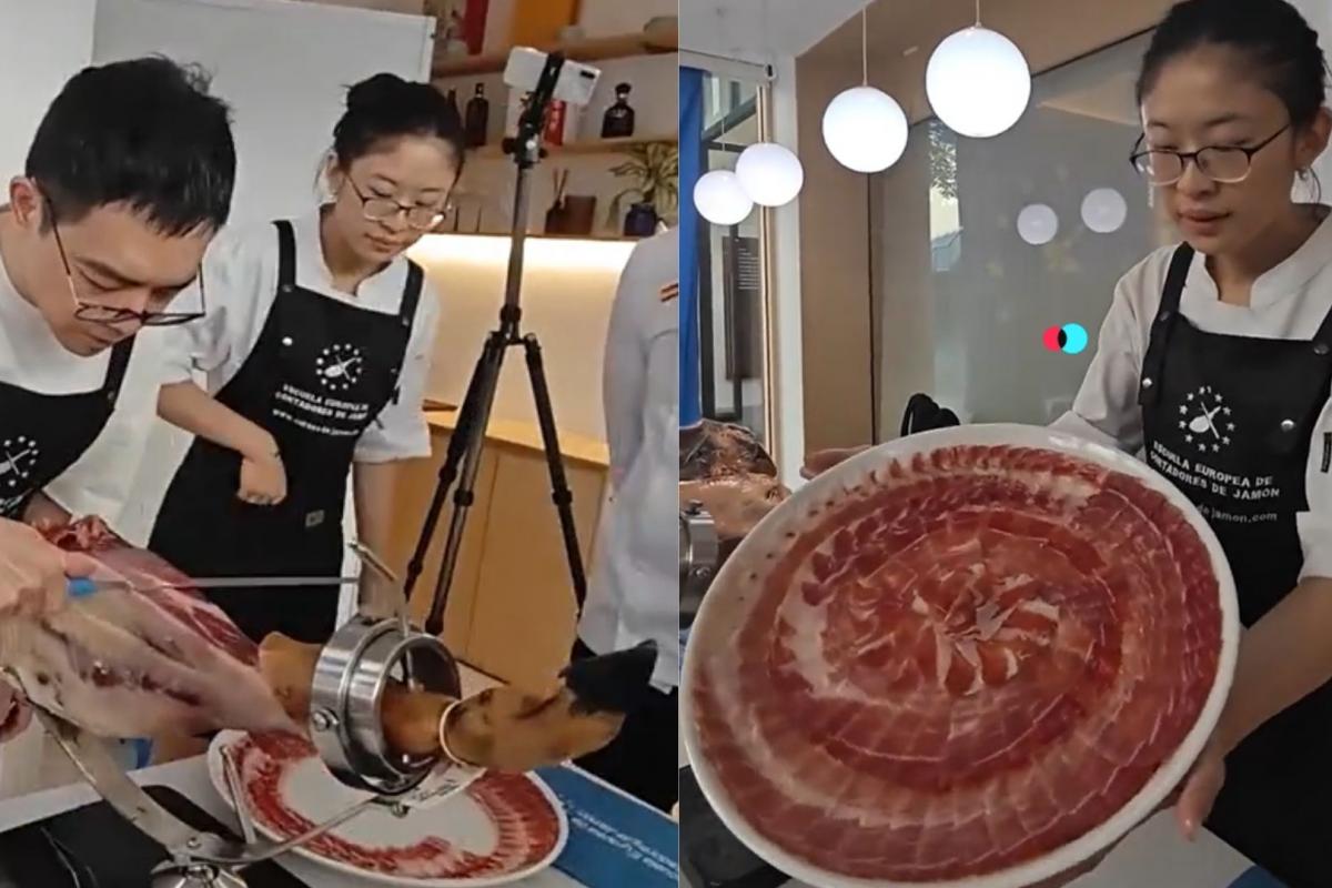 Montaje de dos personas chinas cortando jamón y mostrando los resultados finales en el plato.