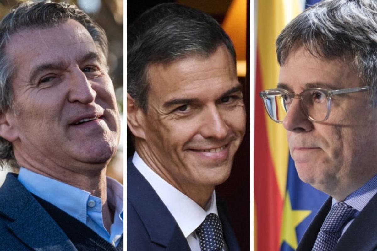 El líder del PP, Alberto Núñez Feijóo; el presidente del Gobierno, Pedro Sánchez, y el dirigente de Junts y 'expresident', Carles Puigdemont; en sendas imágenes de archivo, respectivamente.