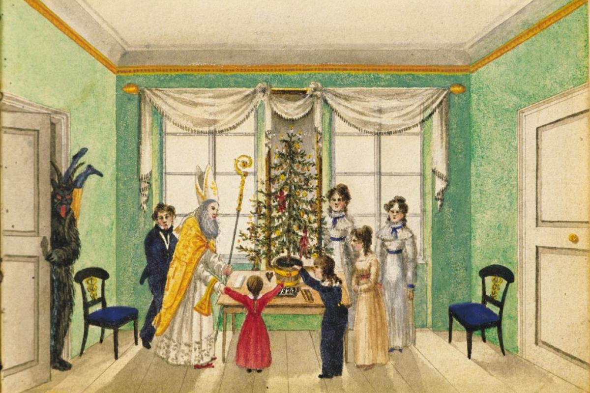 Fiesta de Navidad de 1820 con San Nicolás, en: libro de recuerdos de los Baumann, una familia de comerciantes vieneses.
