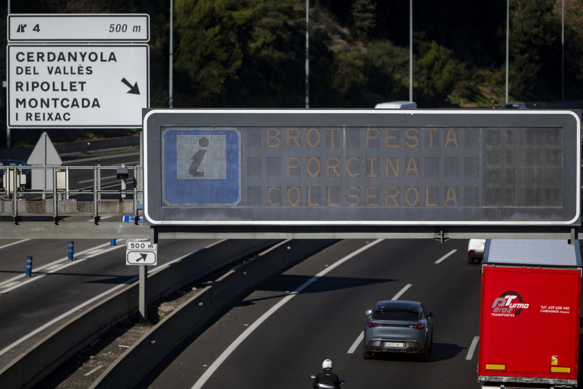 Señales de tráfico alertando del brote de peste porcina africana en la C-58 a la altura de Montcada i Reixach, el 1 de diciembre de 2025, en Barcelona, Cataluña, España.