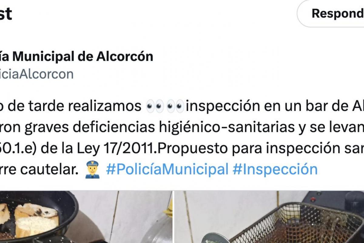 tuit de la policía de alcorcón con imágenes de un bar sucio