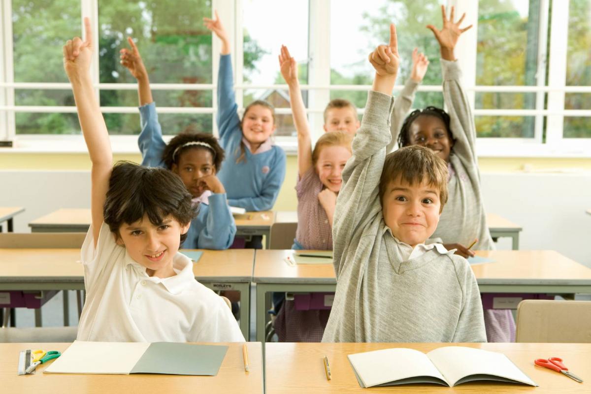 Niños levantan la mano enmedio de clase y tenemos a un pillo entre ellos