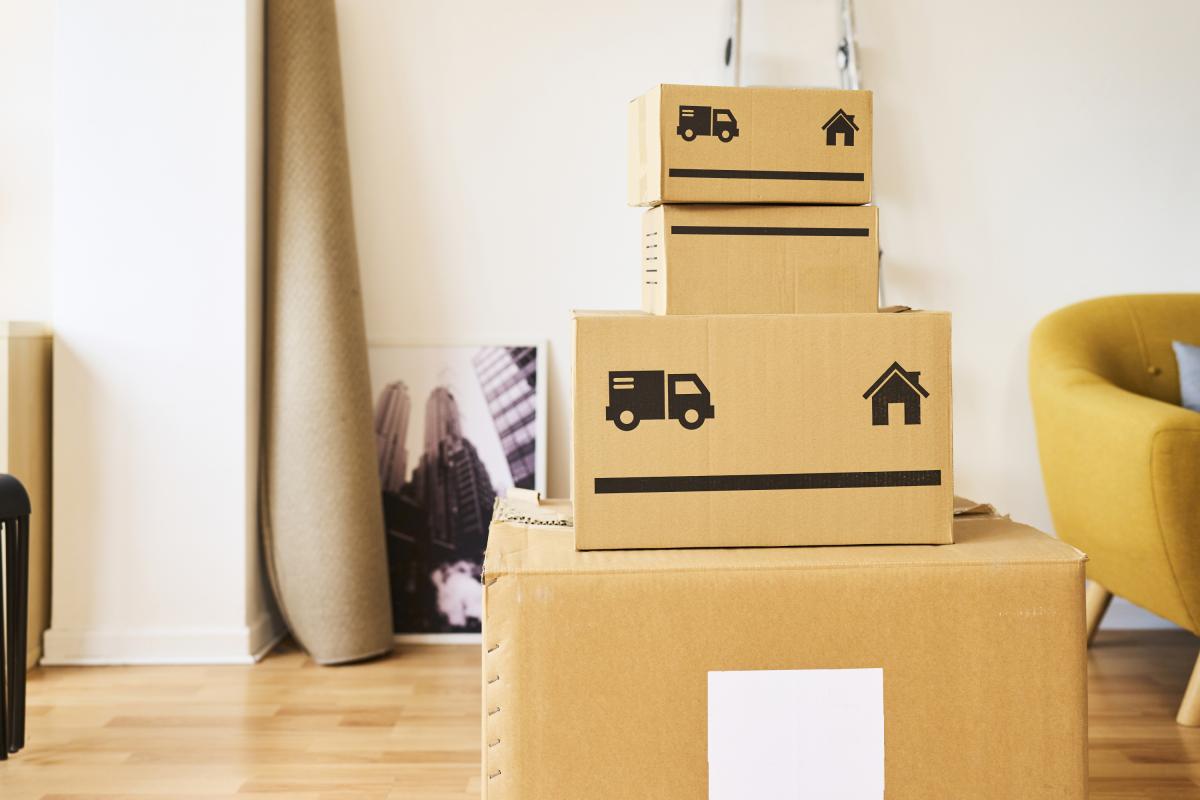 Imagen de varias cajas de mudanza, en el salón de un hogar.